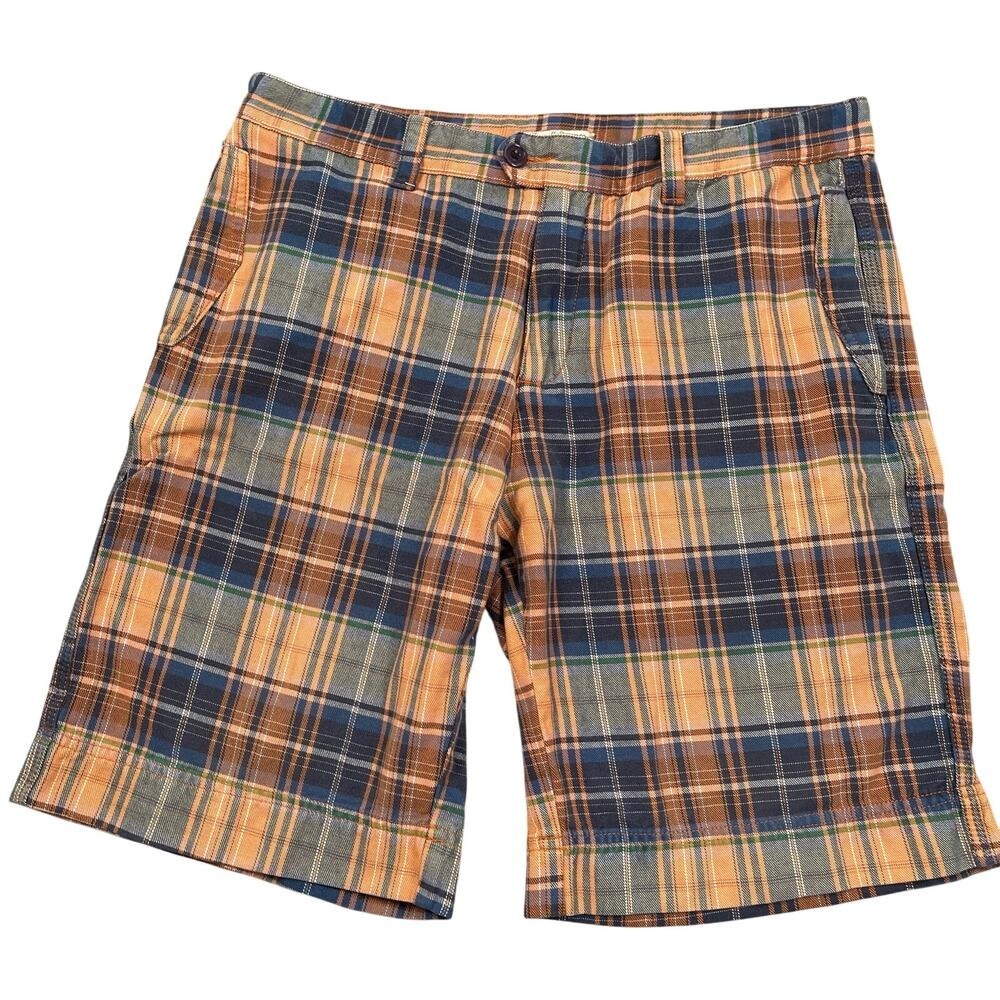 Russell Simmons Shorts Men 34 Orange Navy Plaid Cotton 10" Inseam Argyle Culture